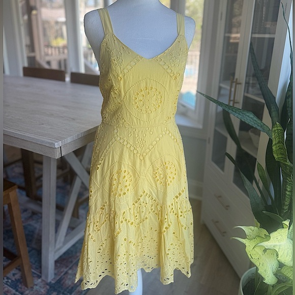 Japna Eyelet Cotton Sundress with Smocked Back & Ruffle Hem Yellow Dress S - Picture 3 of 8